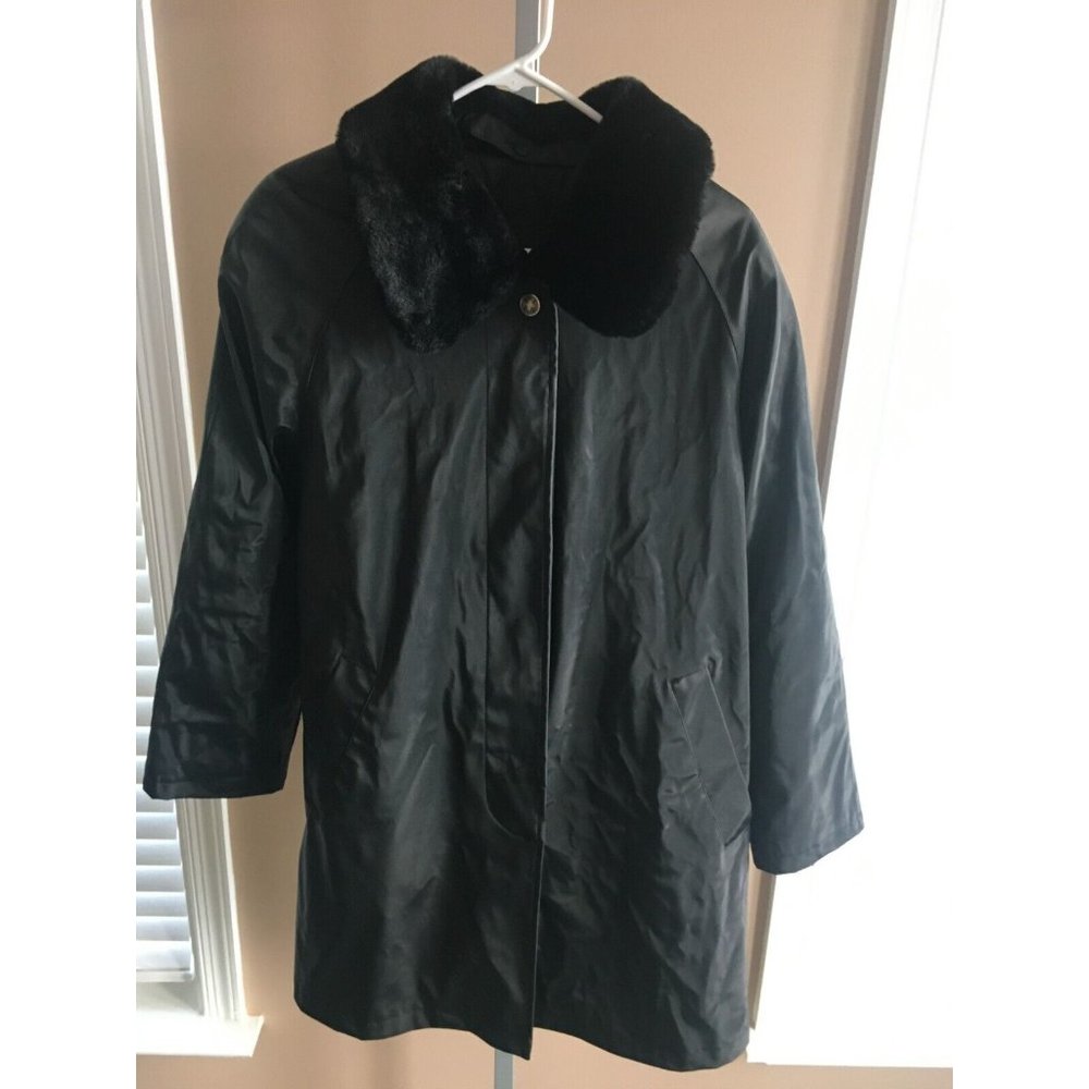 British Mist Coat Solid Black Lined Winter Small Waterproof Lining Faux Fur Neck